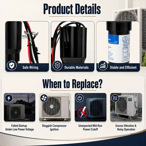 Product details for 3-In-1 Hard Start Capacitor Quick Connect For 1/12 To 1/5 Hp. 145-175 Mfd 115V with safe wiring and durable materials.