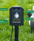 Tough As Nails 24 Hour Mechanical Outdoor Timer With Six Grounded Outlets and Six Foot Extension Cord For Garden Lighting and Patio Setup Slick Waterproof Design Zero Hassle Scheduling showing waterproof cover, mechanical dial, and overload protection switch.