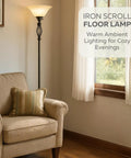 Bronze Floor Lamp With Glass Alabaster Swirl Amber Shade, Elegant Standing Lamp For Living Room and Bedroom near armchair
