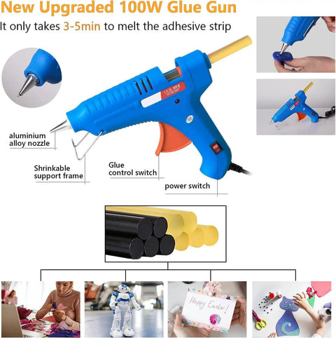 New upgraded 100W glue gun with aluminum alloy nozzle, features glue control and power switches, ideal for crafts and repairs.