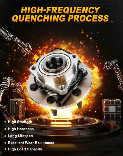 Heavy Duty Front Wheel Hub And Bearing Assembly Replacement For Chevrolet Silverado Tahoe Suburban And Gmc Sierra Yukon Six Lug With Abs Slick Setup shown with high-frequency quenching process.