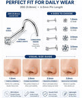 Snag These Clean G23 Titanium Corkscrew Nose Studs With Sparkling CZ Tops Hype Ready 20 Gauge Body Piercing Jewelry Chill Fit Lightweight Silver Set For Effortless Daily Wear Visual size guide for 20G nose studs.