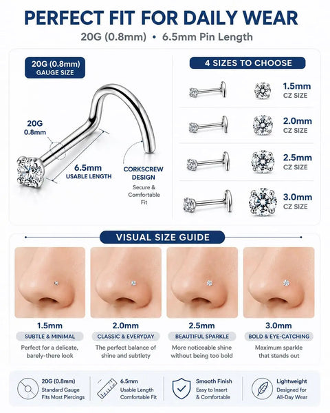 Snag These Clean G23 Titanium Corkscrew Nose Studs With Sparkling CZ Tops Hype Ready 20 Gauge Body Piercing Jewelry Chill Fit Lightweight Silver Set For Effortless Daily Wear Visual size guide for 20G nose studs.