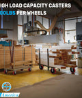 5 Inch By 2 Inch Heavy Duty Industrial Caster Wheels With Polyurethane On Polyolefin Core, Top Plate 4 Inch By 4.5 Inch, 2 Rigid And 2 Swivel With Top Lock Brake, 3200 Lbs Load Capacity Per Set on carts in a workshop