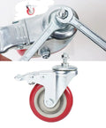 Hefty Heavy Duty Swivel Casters With Double Lock Brakes And Slick Red Polyurethane Wheels For Ultra Smooth Silent Roll close-up view of wheel and brake mechanism.