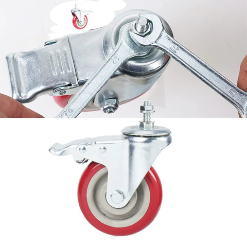 Hefty Heavy Duty Swivel Casters With Double Lock Brakes And Slick Red Polyurethane Wheels For Ultra Smooth Silent Roll close-up view of wheel and brake mechanism.