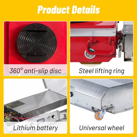 Heavy Duty 50 Ton Electric Machinery Skates With Wireless Remote Control And 360 Degree Swivel Polyurethane Wheels showing 360° anti-slip disc and steel lifting ring.