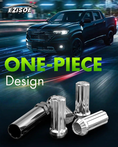 Heavy Duty M14X1.5 Spline Lug Nut Set With Slick Chrome Plating For Eight Lug Ford F Super Duty Chevy Silverado Hd And Gmc Sierra Hd Trucks close-up of one-piece chrome lug nuts