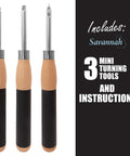 Carbide Mini Turning Tool Set For Wood Lathe 3 Piece With Flush Fit Comfort Grip Handles on white background; instructions on side