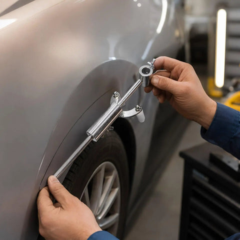Heavy Duty Adjustable Wheel Arch Scriber And Garage Ready Automotive Body Line Gauge For Precise Panel Layouts in use on a fender.
