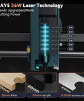 Close-up of a 36W laser technology upgrade module compatible with Ray5, showing cutting power on wood, acrylic, and metal.