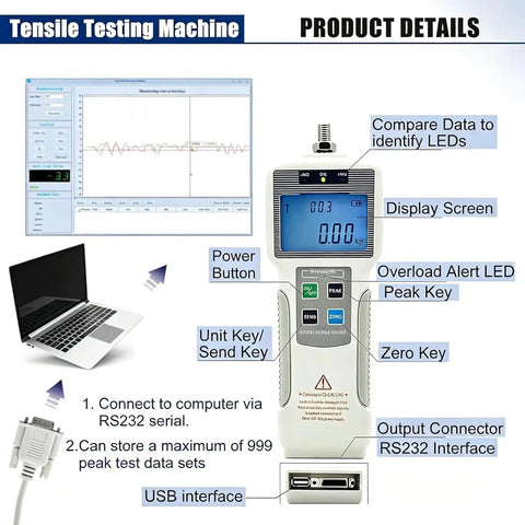 Rock Solid Digital Force Tester For Tensile Compression Testing displaying LCD with controls and laptop integration features.