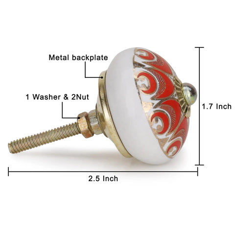 Side view of Sick Red Ceramic Cabinet Knobs Set for Fresh Kitchen and Dresser Upgrade, 2.5 inch by 1.7 inch, with metal backplate.