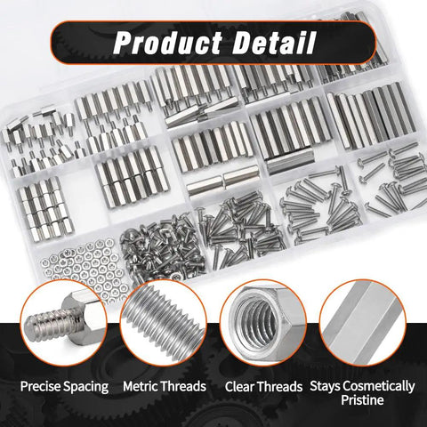 Premium M2 Stainless Steel Standoff Kit Includes 280 Pieces of Heavy Duty Hex Spacers Male Female and Male Only Stands Along With Pan Head Screws and Hex Nuts for Reliable PCB Circuit Board Mounting Workhorse Hardware organized in a clear storage box.