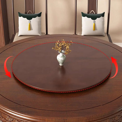 Premium Solid Wood Lazy Susan Turntable Smooth Rotating Serving Tray on dining table with vase, 60 cm oak round tray.