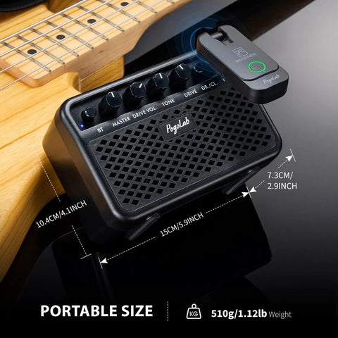 Mini Guitar Amp 5W Portable Practice Amplifier With Clean And Drive Two Channel Effects Bluetooth Speaker Headphone Jack Rechargeable Battery shown with a guitar