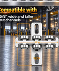 Rock Solid Six Wheel Hoist Trolley For One Five Eight Inch Strut Channel With Smooth Gliding Casters. Dimensions shown.