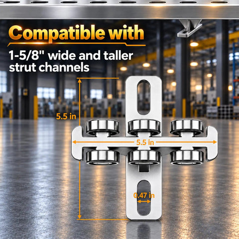 Rock Solid Six Wheel Hoist Trolley For One Five Eight Inch Strut Channel With Smooth Gliding Casters. Dimensions shown.