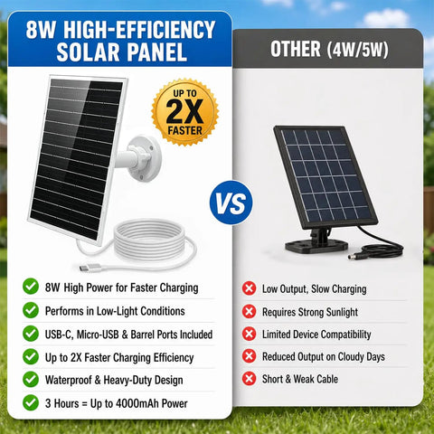 Comparison of Heavy Duty 8W Solar Panel for Outdoor Security Cameras vs other solar panel, showing features and benefits.