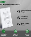 6 Pack Ultra Slim Dimmer Light Switch For LED CFL And Incandescent Lights Easy Install 15A 120V 60Hz Single Pole Or 3 Way 300W LED CFL 600W Incandescent ETL Listed White Slide Dimmer with features.