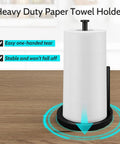 Stainless Steel Freestanding Paper Towel Holder For Countertop, Black Rack With Anti Slip Weighted Base, Effortless One Hand Tear Design Keeps Kitchen Looking Fresh on wooden surface.