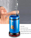 Killer Portable Shower Station Pairing Smart Electric Water Heater With A Gritty 2000 Watt Power Surge, featuring a blue heavy-duty tank.