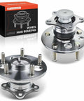 New Heavy Duty Rock Solid Top Shelf Rear Wheel Bearing And Hub Assembly With Abs Ring 5 Lug Pair For Toyota Camry Avalon Lexus Es Rx300 showing a pair of silver steel hubs with bolts.