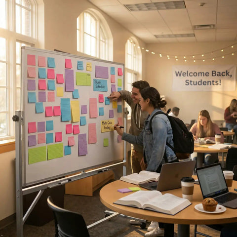 Students using Huge 4x6 Lined Sticky Notes 12 Pack With 30 Sheets Per Pad on a classroom whiteboard for planning and reminders.