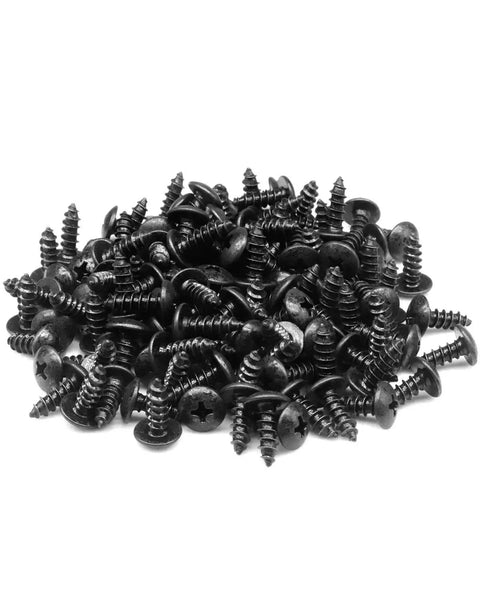 Heavy Duty Number 8 By One Half Inch Truss Head Phillips Wood Screws With Slick Black Oxide Coating and Tough As Nails Rust Resistant Carbon Steel in a pile.