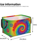 Hella Spacious Waterproof Storage Bin With Rainbow Tie Dye Design And Secure Carry Handles For Ample Clothing Sorting And Whole House Organization Projects, 15x9 in size.