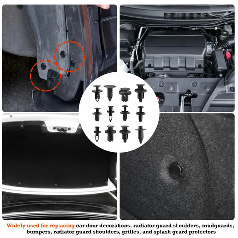 Collage showing uses of Universal Car Retainer Clips And Fasteners Kit With 32 Common Sizes, 1240Pcs