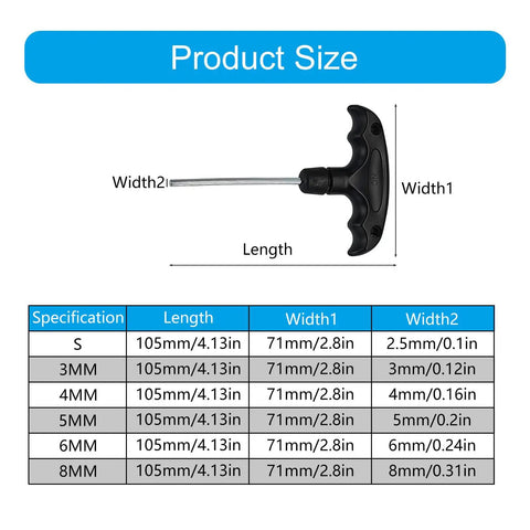Product size chart for Professional T Shape Hex Socket Wrench With An Anti Slip Steel Handle And Accurate 6 Millimeter Bits.