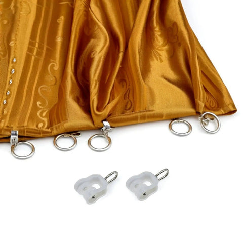 Smooth Operation Curtain Track Pulley Set Featuring Rock Solid Plastic Double Wheel Rollers For Seamless Sliding On Straight Or Curved Tracks Zero Hassle Easy DIY Fix with gold fabric and roller hooks.