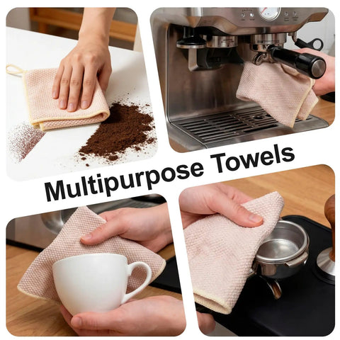 Four Pack Microfiber Coffee Cleaning Towels Set 12x12 Inches with hanging loop used for barista gear and espresso machines.