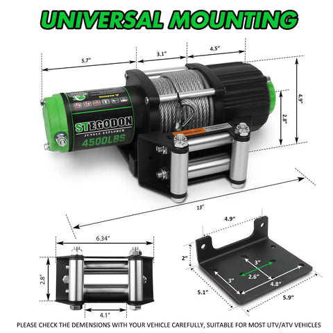 Diagram showing dimensions of 4500 Lb 12V Waterproof Electric Winch For ATV UTV with mounting plate and roller fairlead.