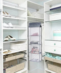 Heavy Duty Five Layer Hanging Closet Organizer With Clear View Window And Tough Rust Resistant Steel Hook For Straight Up Wardrobe Storage showing in closet setup.