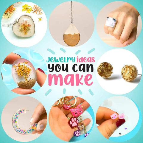 Various jewelry pieces made with Resin Jewelry Making Starter Kit For Beginners With Molds And Tools Silicone Casting Molds Clear Epoxy Resin Kit For DIY Jewelry Easy Instructions Perfect Gift For Creative Crafters And Resin Art Newbies