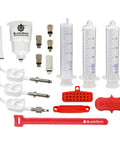 Universal Hydraulic Brake Bleed Kit For Shimano Tektro Magura SRAM And More Easy To Use Bike Bleeder Tool For MTB Road And All Bicycle Systems Compatible With Avid Hayes TRP Zoom And More For Peak Bleeding Performance, including syringes, adapters, and hoses.