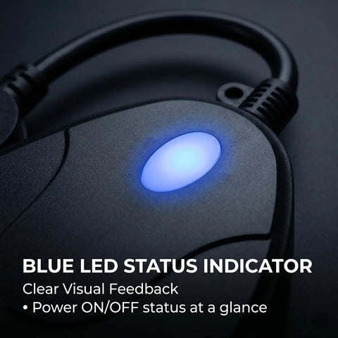 Close-up of blue LED status indicator on Heavy Duty Outdoor Smart Power Strip, showing power ON/OFF at a glance.