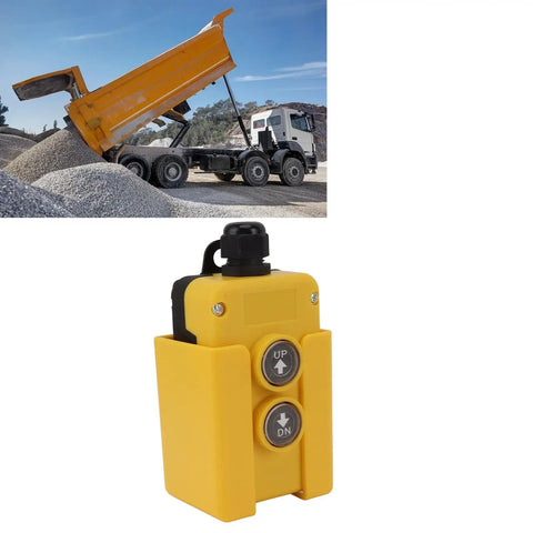 Heavy Duty Wireless Dump Trailer Remote Control Switch 12V DC Plug And Play Hydraulic Lift Controller shown with yellow housing and buttons.