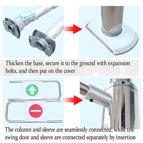 Rock Solid Automatic Swing Gate With Spring Self Closing Mechanism Heavy Duty Security Barrier For Pets Kids And Outdoor Patios installation steps showing base, cover, and connection details.