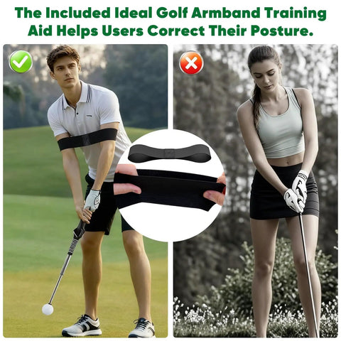 Two golfers demonstrating a golf swing using an armband training aid, with one showing correct posture and the other incorrect.