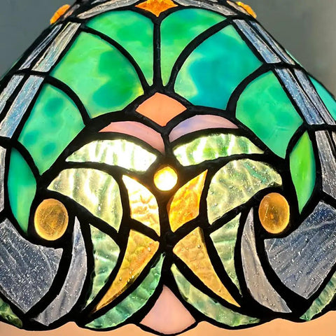 Close-up of Sea Green Tiffany Pendant Light With Stained Glass, 8 Inch Wide Victorian Style Hanging Lamp for various rooms