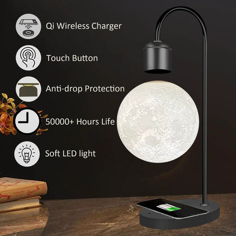 Magnetic Levitating Moon Lamp With Built In Wireless Charging Pad Zero Gravity Floating Desk Light with touch button