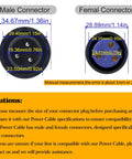 Top Tier Waterproof Power Cable Extension Featuring 3 Pin 13Awg Connectors IP65 Rated with male and female connectors dimensions.