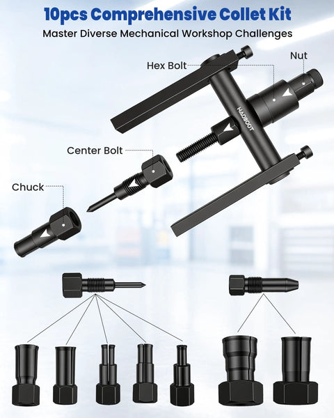 Heavy Duty Motorcycle Wheel Bearing Puller Set Covers Eight To Twenty Five Millimeter Blind Holes With Precision Collets For Quick Shop Jobs And Easy Mechanic Access Delivers Rock Solid Grip And No Sweat Removal Every Time, showing variety of precision collets and tools.