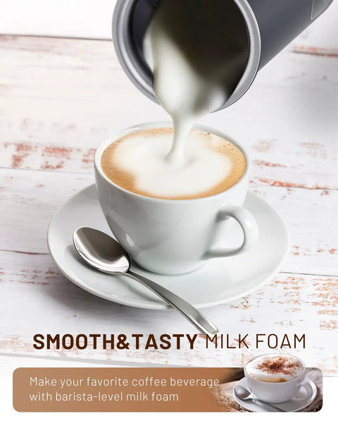 Pouring milk into a cappuccino with the 4 In 1 Electric Milk Frother With LED Touch Screen Auto Foam Maker For Lattes