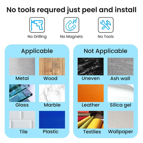 Image showing materials suitable and unsuitable for 30 Pack Small Black Adhesive Cable Clips, including wood, glass, and metal.