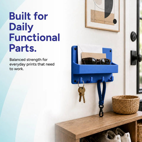 Premium Blue PLA Plus 3D Printer Filament 1.75mm 1kg Roll used for a blue wall-mounted organizer holding sunglasses and keys.