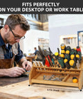 Eco Friendly Bamboo Screwdriver Organizer And Tool Storage Rack For Workbench And Desktop with tools displayed on a bench